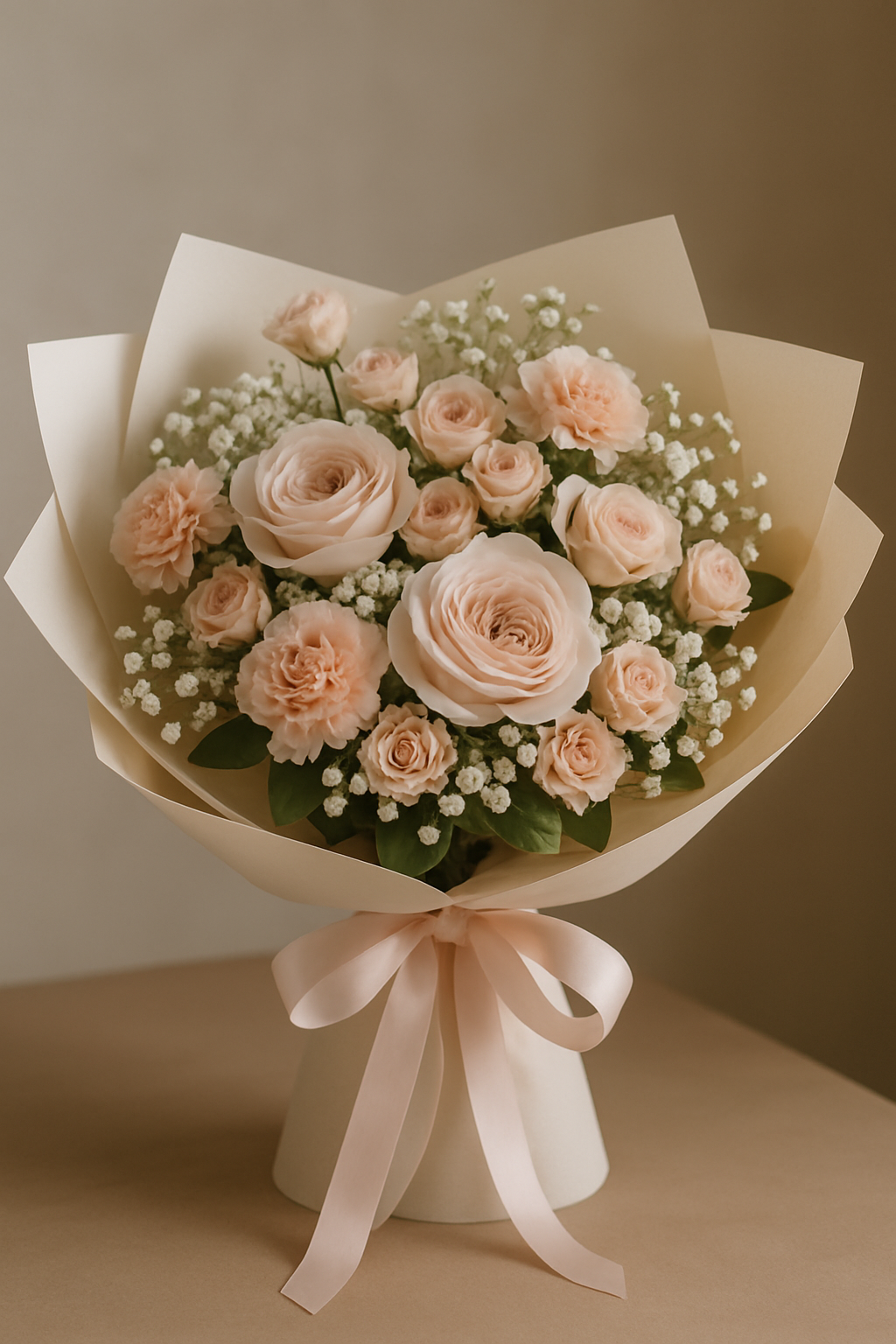 Blush roses and carnations surrounded by baby's breath